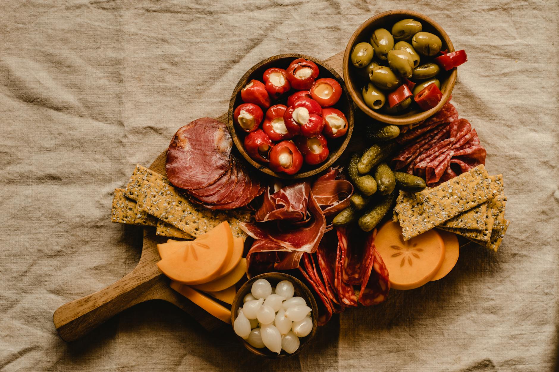 antipasto on a wooden chopping board